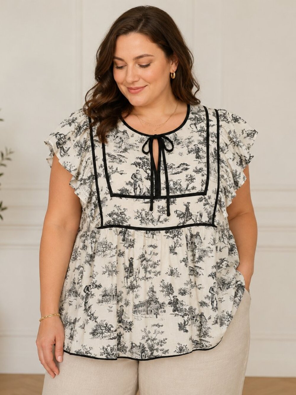 Umgee Toile Print Ruffle Sleeve Blouse Size XL